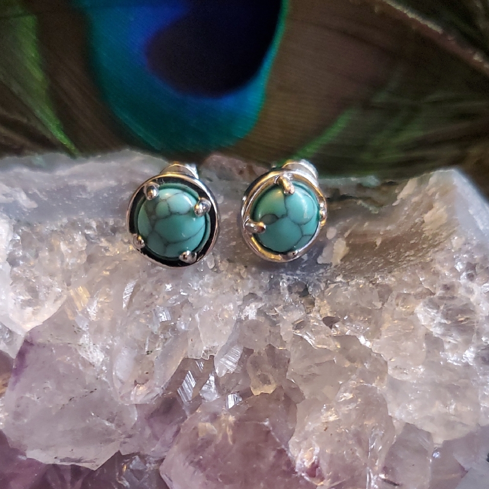 TURQUOISE Blue Stone Cabochon Prong Setting Round Silver Pierced Stud Earrings